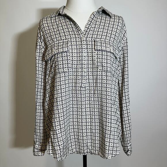 Liz Claiborne Black White Geometric Button Down Tunic Blouse Womens Size Large L - Picture 1 of 12